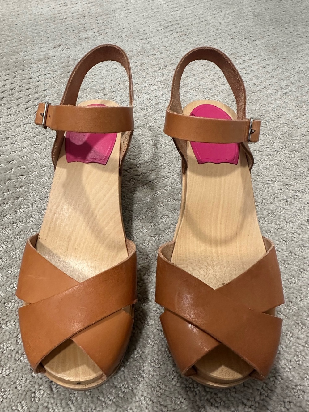 Women’s Swedish Hasbeens Tan Leather Crossover Wedge Sandals
